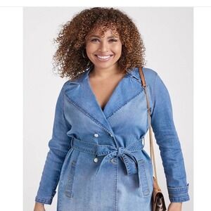 Venus Womens Denim Trench Coat XL Blue Wash Fringe Hem Belted‎ Jacket